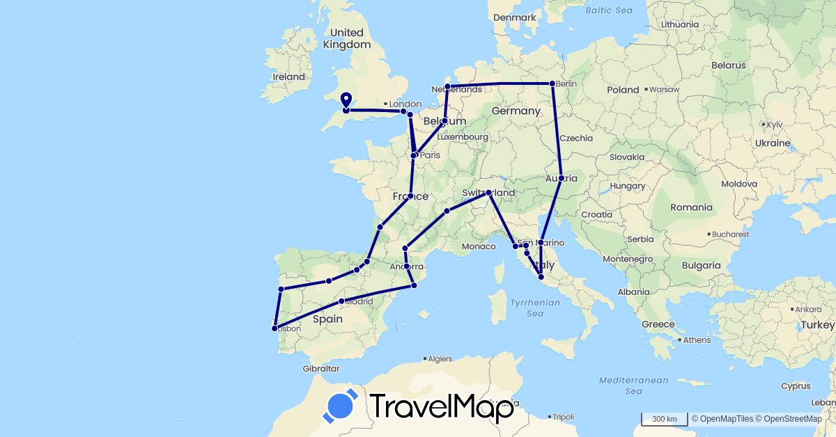 TravelMap itinerary: driving in Andorra, Austria, Belgium, Switzerland, Germany, Spain, France, United Kingdom, Italy, Netherlands, Portugal, San Marino (Europe)